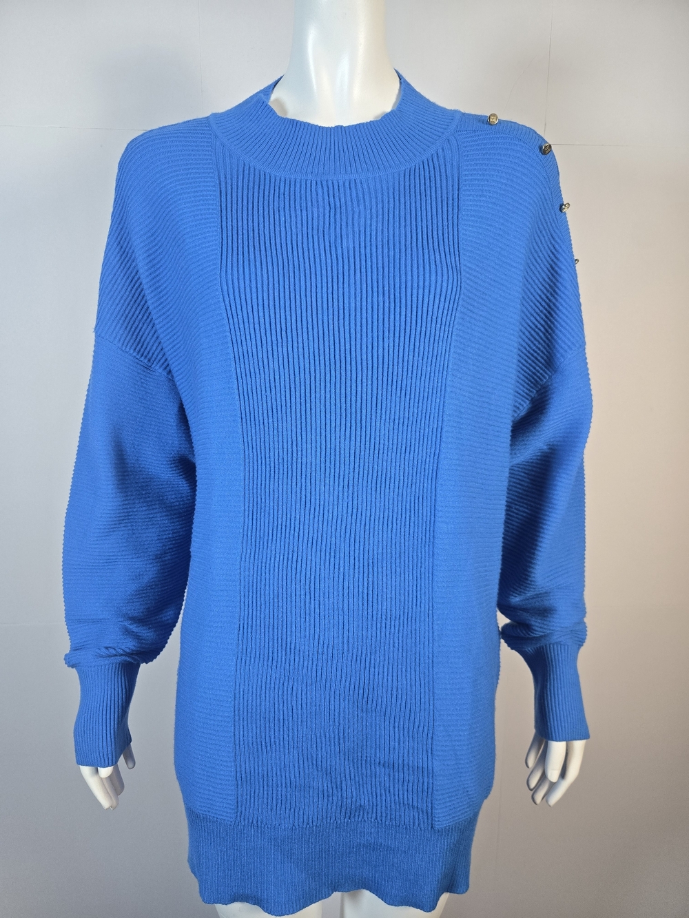 Liz Claiborne Bright Blue Ribbed Crewneck Sweater with Shoulder Buttons
